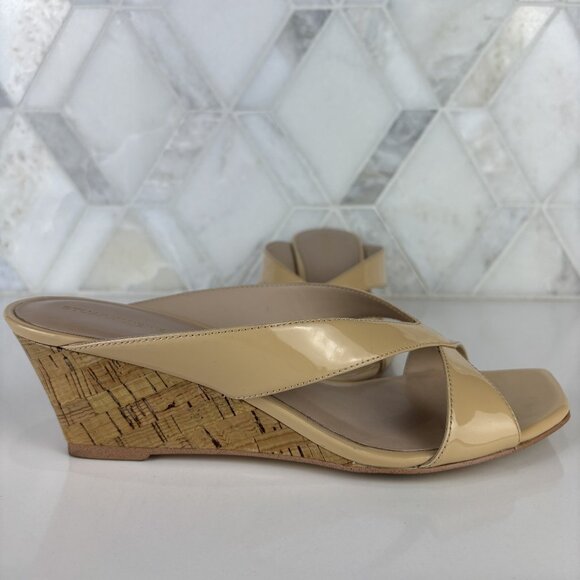 7.5 Patent Cork Wedge Heel Sandal Square Toe Criss Cross Strap Tan Leather Miami - Picture 5 of 13